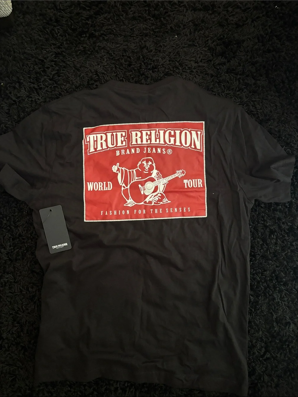 True Religion Black Short-Sleeve Tee with White Horseshoe Logo